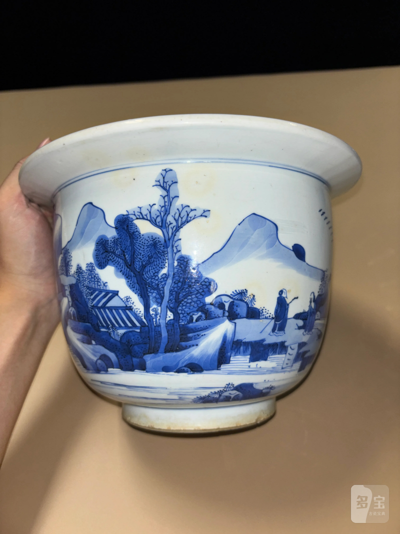清康熙 青花山水人物纹花盆 - 图6